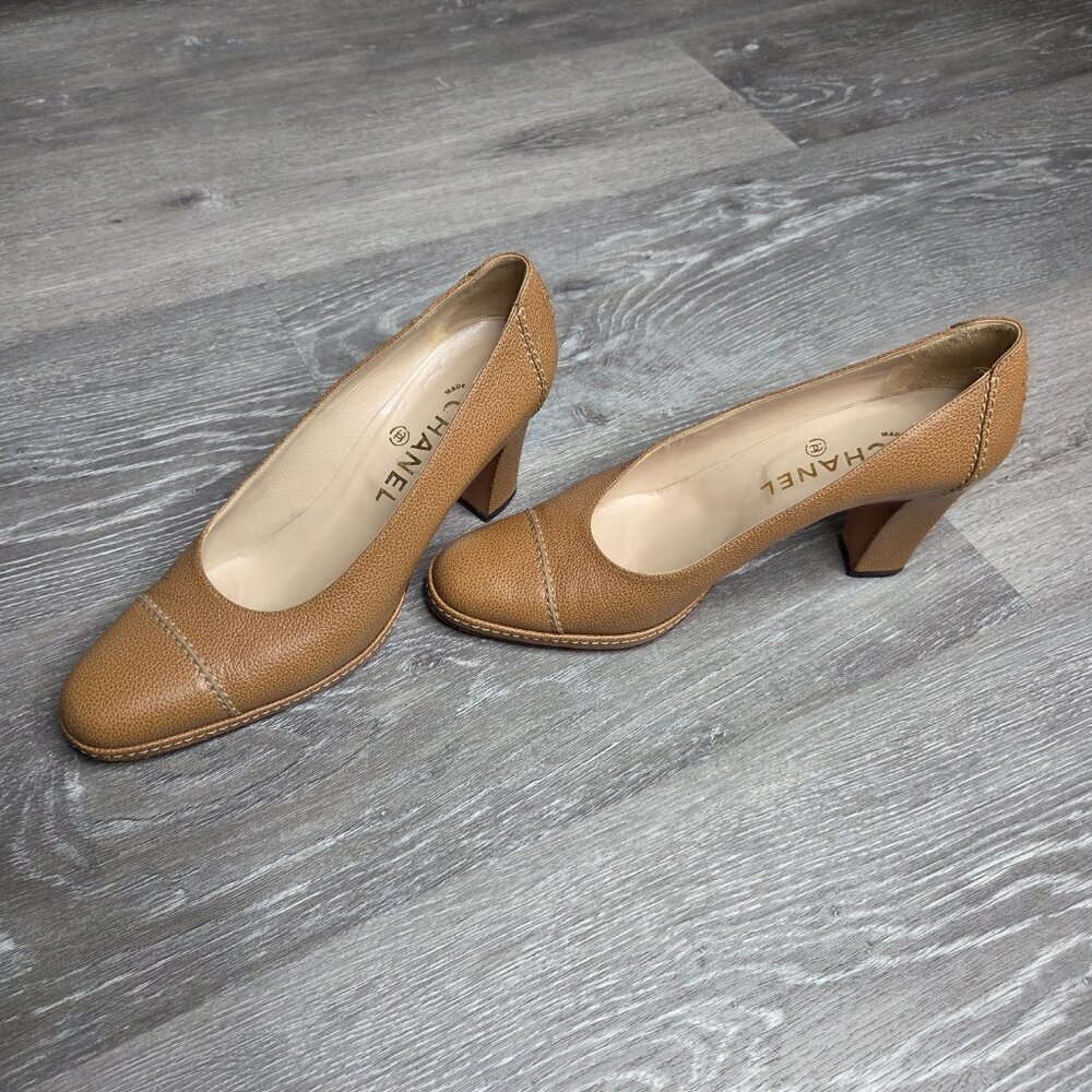 Vintage 90s - Women's Chanel Brown Caviar Leather Platform Pumps CC Logo 37.5 EU - Picture 6 of 13